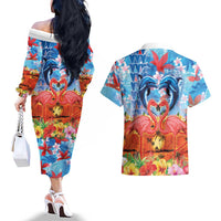Hawaiian Love-Couple Dolphins and Flamingos Couples Matching Off The Shoulder Long Sleeve Dress and Hawaiian Shirt LT03 - Polynesian Pride