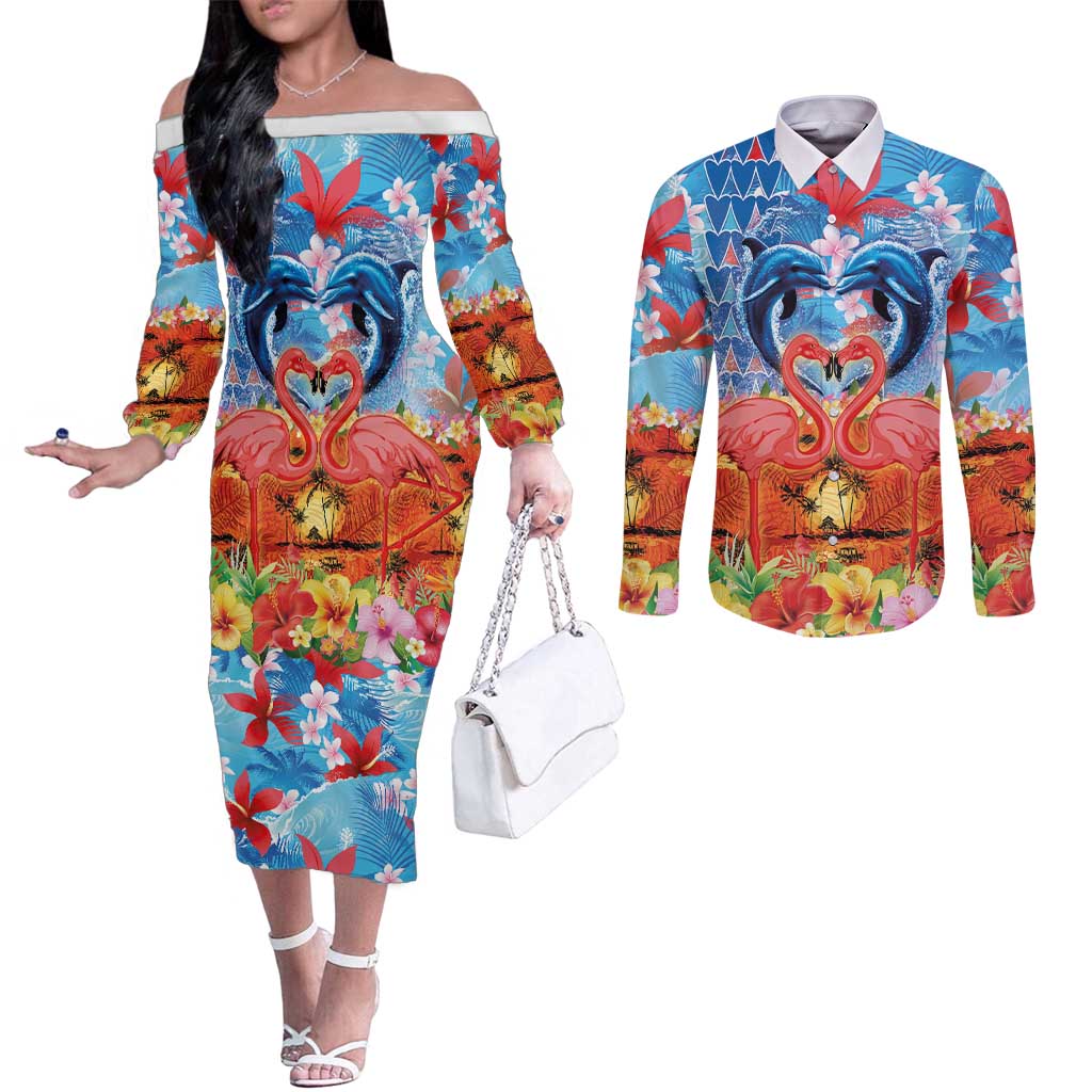 Hawaiian Love-Couple Dolphins and Flamingos Couples Matching Off The Shoulder Long Sleeve Dress and Long Sleeve Button Shirt LT03 Multicolor - Polynesian Pride