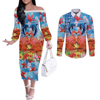 Hawaiian Love-Couple Dolphins and Flamingos Couples Matching Off The Shoulder Long Sleeve Dress and Long Sleeve Button Shirt LT03 Multicolor - Polynesian Pride