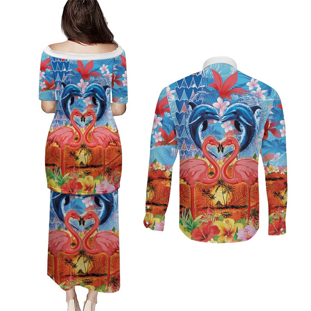 Hawaiian Love-Couple Dolphins and Flamingos Couples Matching Puletasi and Long Sleeve Button Shirt - Polynesian Pride