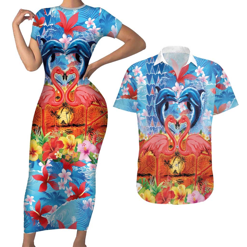Hawaiian Love-Couple Dolphins and Flamingos Couples Matching Short Sleeve Bodycon Dress and Hawaiian Shirt - Polynesian Pride