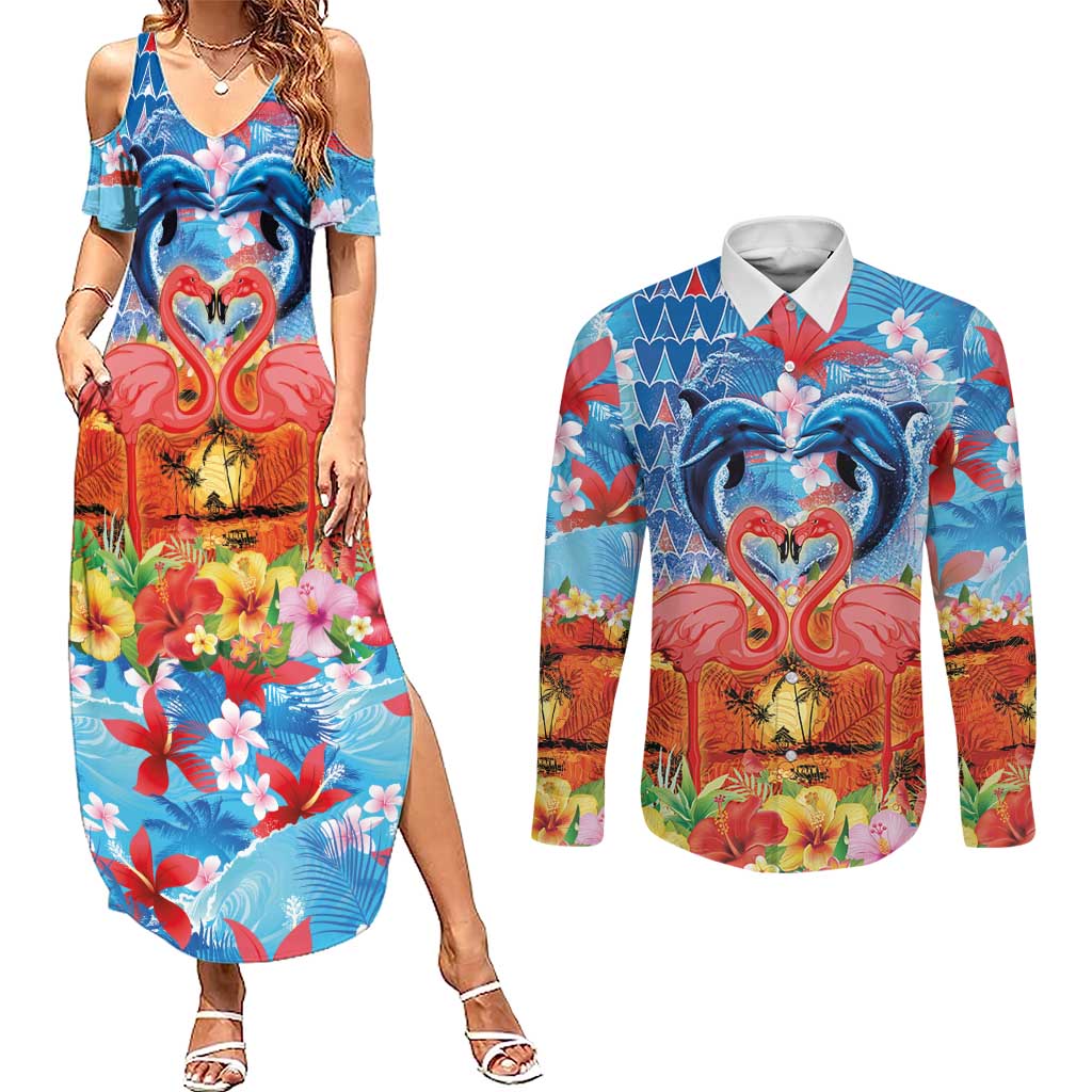 Hawaiian Love-Couple Dolphins and Flamingos Couples Matching Summer Maxi Dress and Long Sleeve Button Shirt - Polynesian Pride