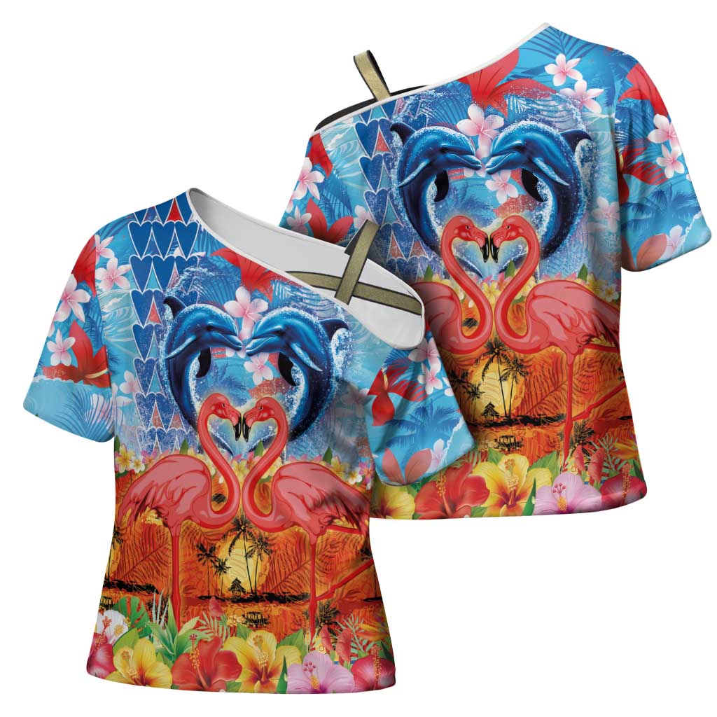 Hawaiian Love-Couple Dolphins and Flamingos Cross Shoulder Shirt - Polynesian Pride