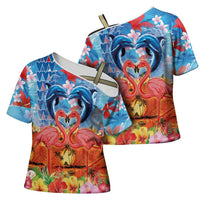 Hawaiian Love-Couple Dolphins and Flamingos Cross Shoulder Shirt - Polynesian Pride