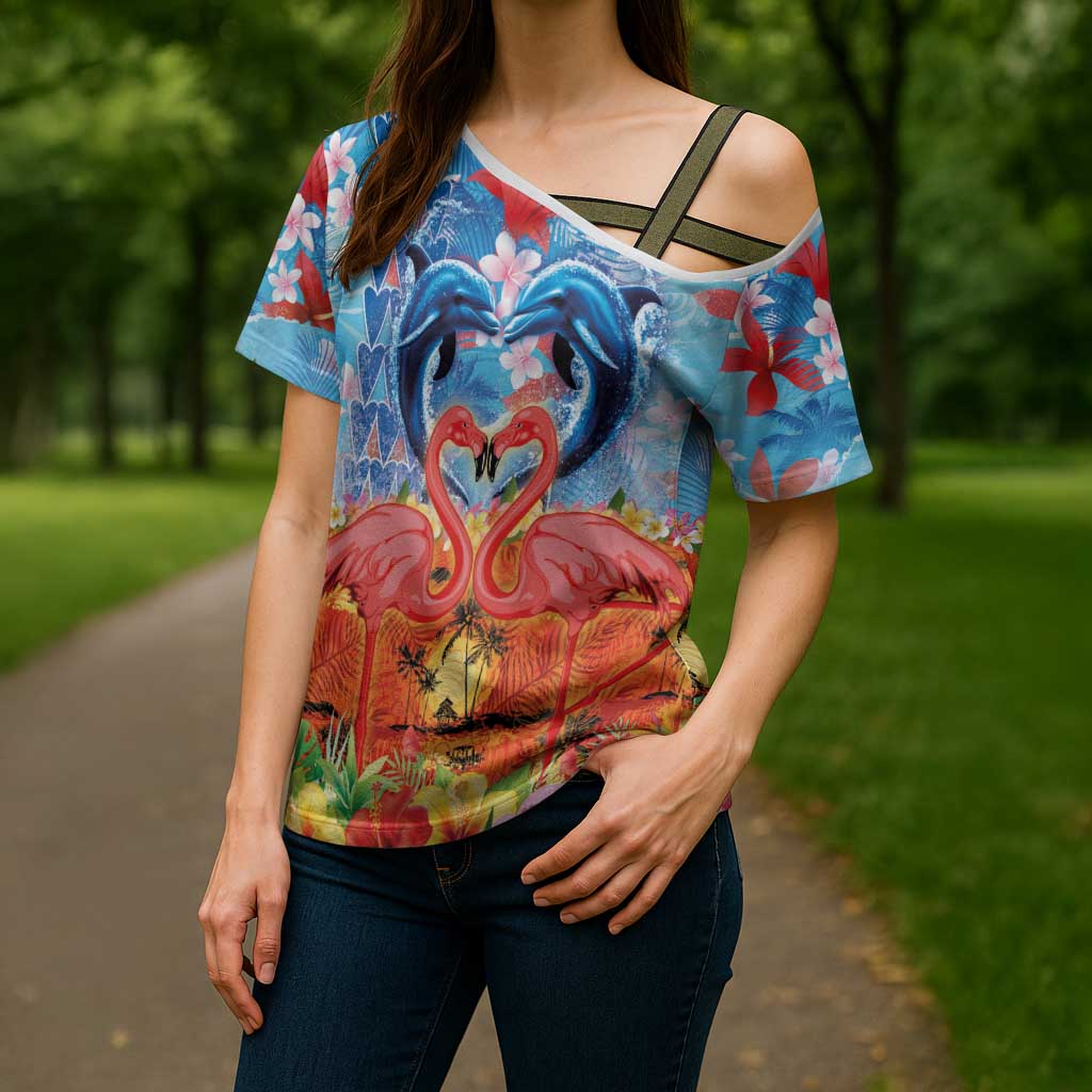 Hawaiian Love-Couple Dolphins and Flamingos Cross Shoulder Shirt - Polynesian Pride
