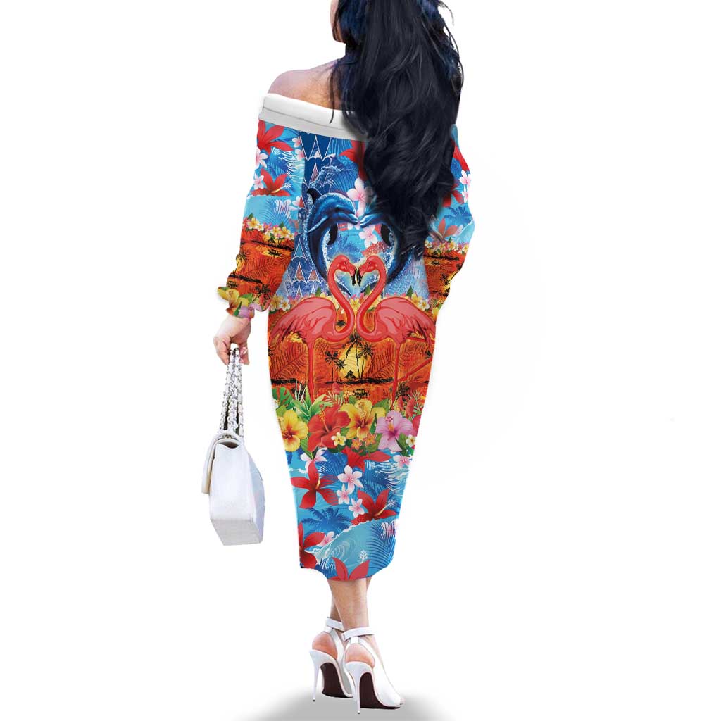 Hawaiian Love-Couple Dolphins and Flamingos Family Matching Off The Shoulder Long Sleeve Dress and Hawaiian Shirt LT03 - Polynesian Pride
