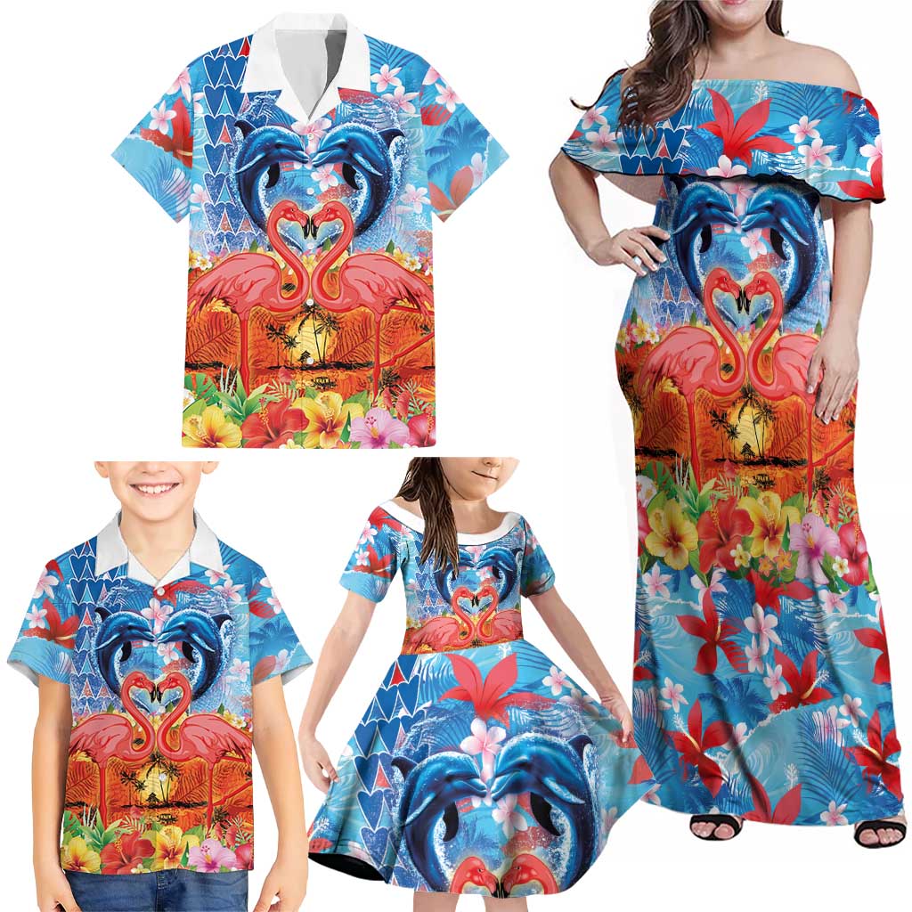Hawaiian Love-Couple Dolphins and Flamingos Family Matching Off Shoulder Maxi Dress and Hawaiian Shirt - Polynesian Pride