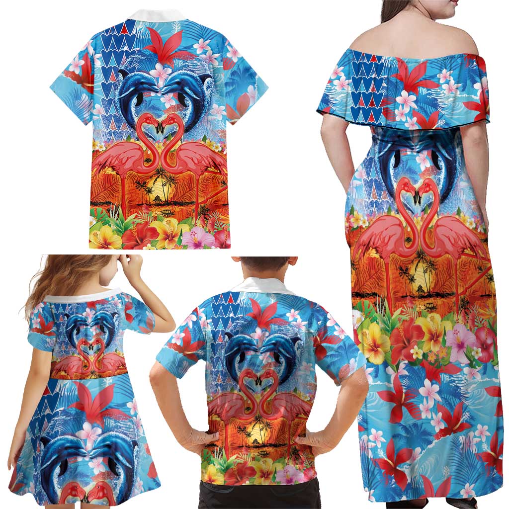 Hawaiian Love-Couple Dolphins and Flamingos Family Matching Off Shoulder Maxi Dress and Hawaiian Shirt LT03 - Polynesian Pride