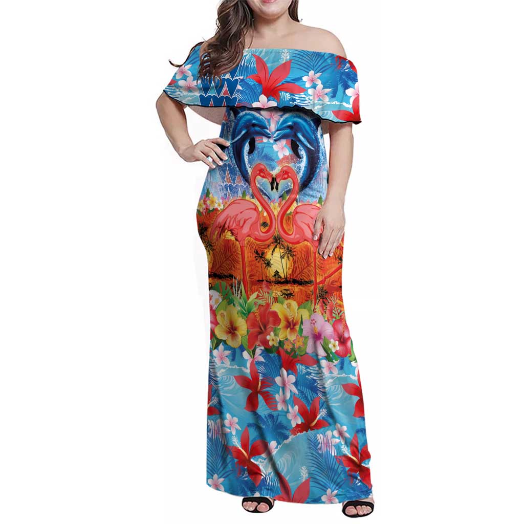 Hawaiian Love-Couple Dolphins and Flamingos Family Matching Off Shoulder Maxi Dress and Hawaiian Shirt LT03 Mom's Dress Multicolor - Polynesian Pride