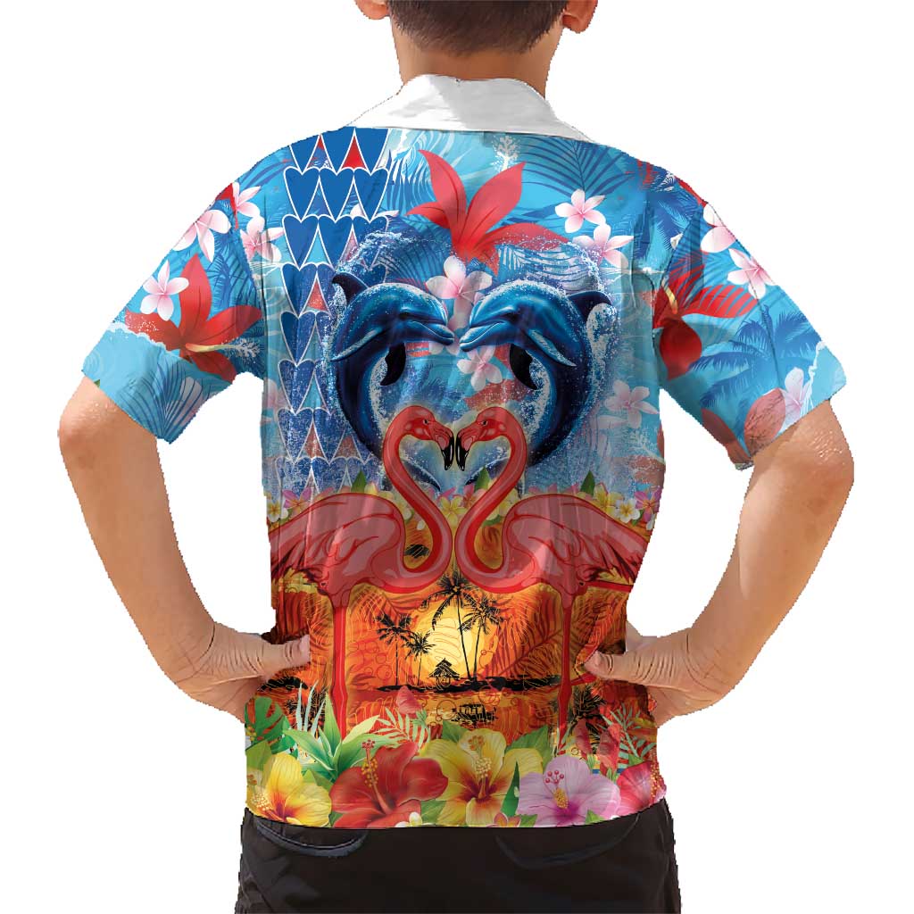 Hawaiian Love-Couple Dolphins and Flamingos Family Matching Off Shoulder Short Dress and Hawaiian Shirt LT03 - Polynesian Pride
