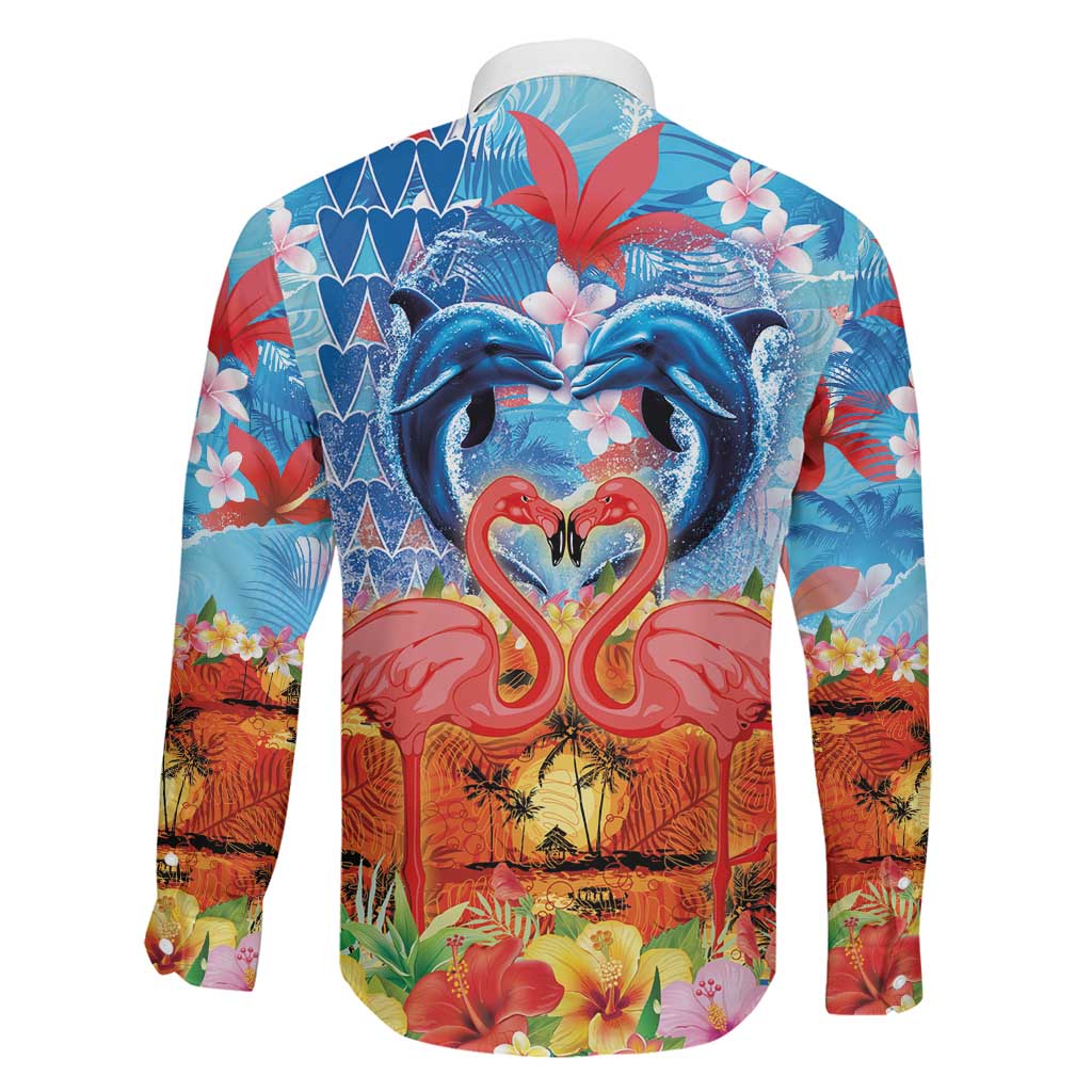 Hawaiian Love-Couple Dolphins and Flamingos Family Matching Puletasi and Hawaiian Shirt LT03 - Polynesian Pride