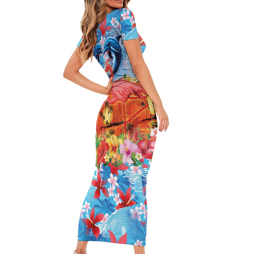 Hawaiian Love-Couple Dolphins and Flamingos Family Matching Short Sleeve Bodycon Dress and Hawaiian Shirt LT03 - Polynesian Pride
