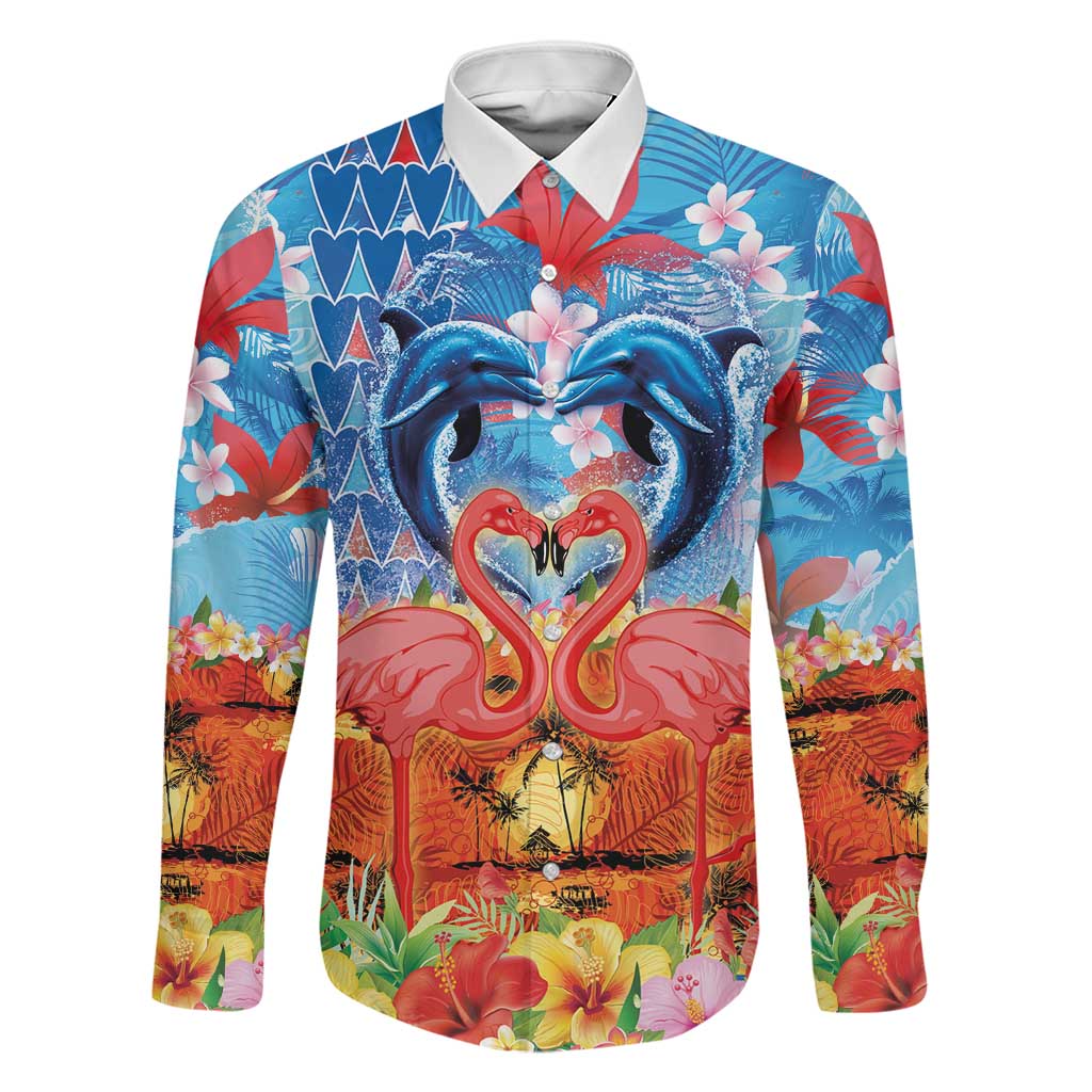 Hawaiian Love-Couple Dolphins and Flamingos Family Matching Summer Maxi Dress and Hawaiian Shirt LT03 Dad's Shirt - Long Sleeve Multicolor - Polynesian Pride