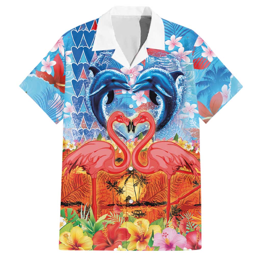 Hawaiian Love-Couple Dolphins and Flamingos Family Matching Tank Maxi Dress and Hawaiian Shirt LT03 Dad's Shirt - Short Sleeve Multicolor - Polynesian Pride