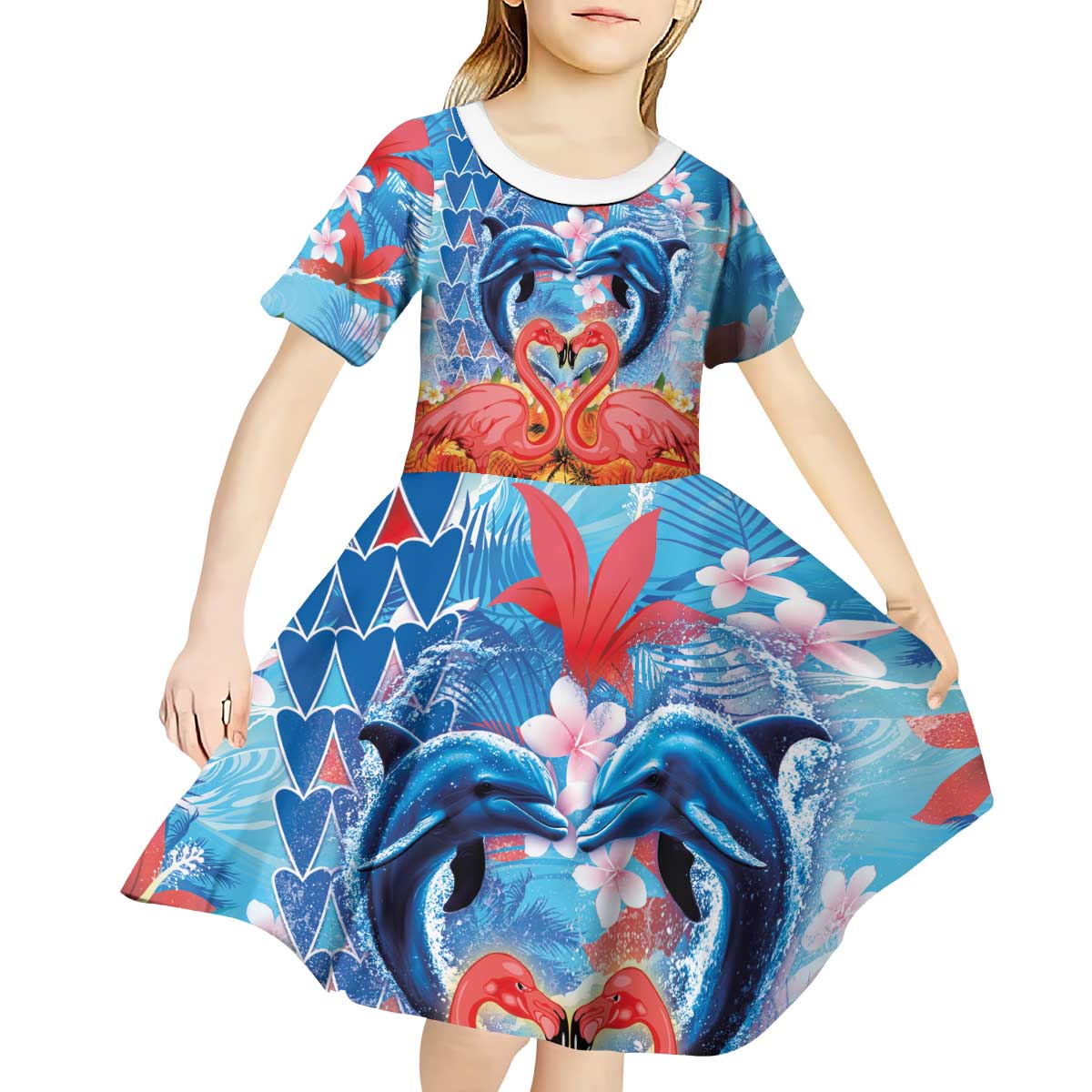 Hawaiian Love-Couple Dolphins and Flamingos Kid Short Sleeve Dress LT03 - Polynesian Pride