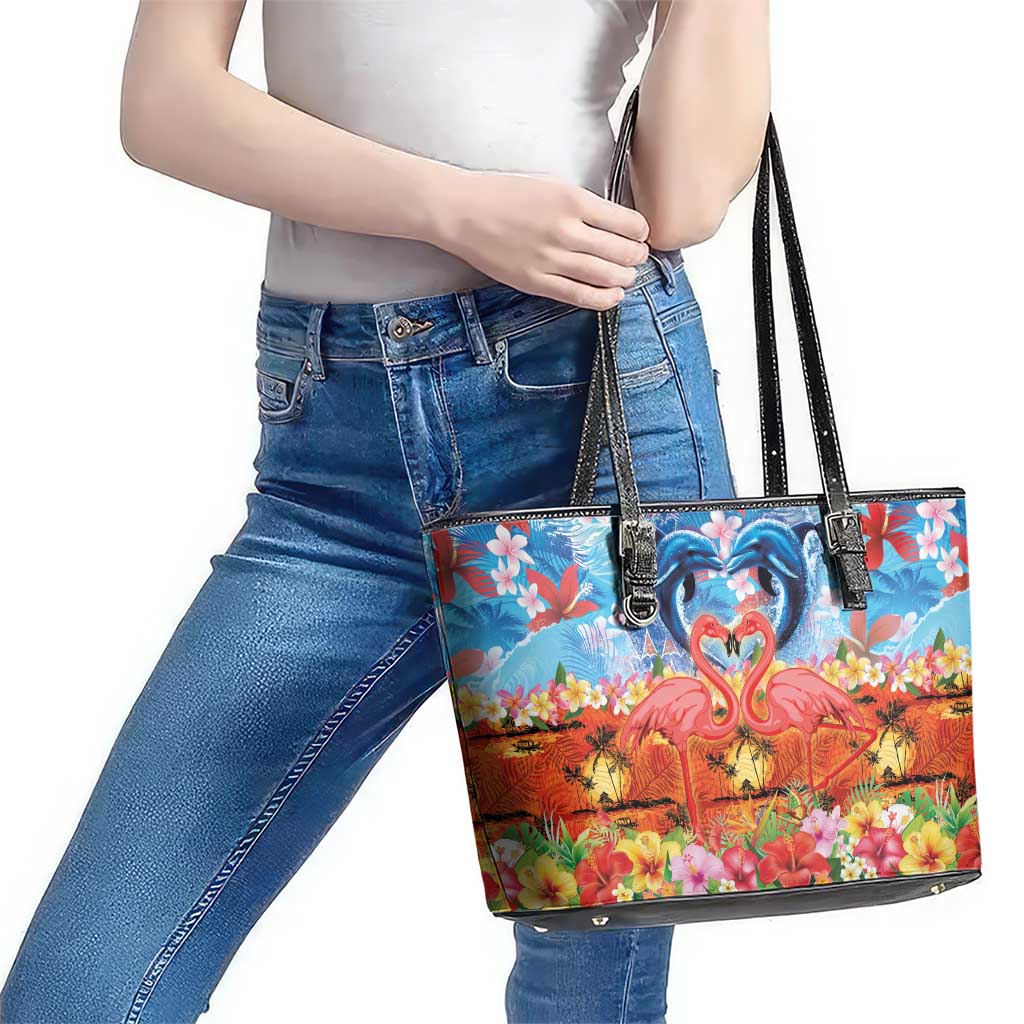 Hawaiian Love-Couple Dolphins and Flamingos Leather Tote Bag - Polynesian Pride