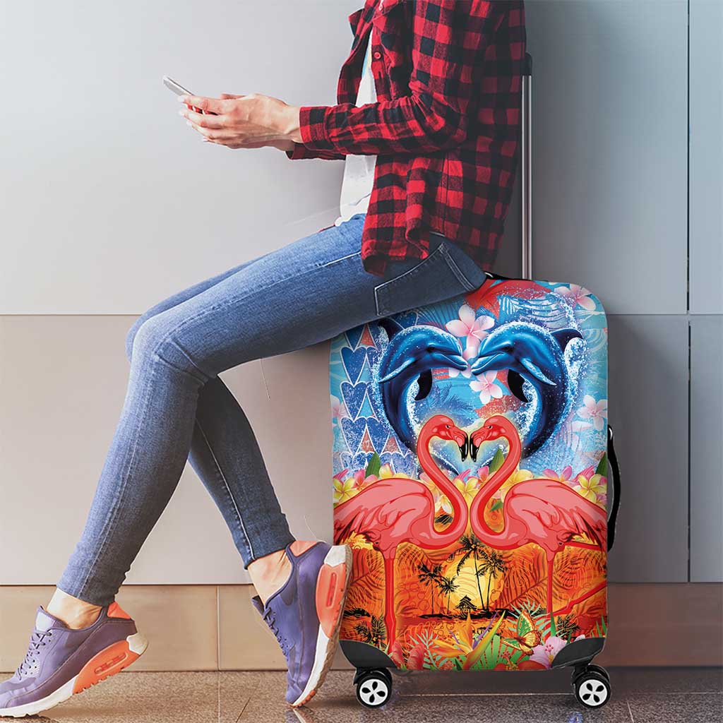Hawaiian Love-Couple Dolphins and Flamingos Luggage Cover - Polynesian Pride