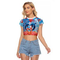 Hawaiian Love-Couple Dolphins and Flamingos Raglan Cropped T Shirt - Polynesian Pride