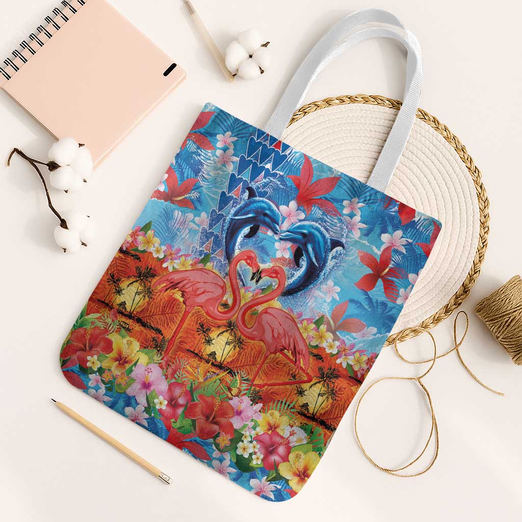 Hawaiian Love-Couple Dolphins and Flamingos Tote Bag - Polynesian Pride