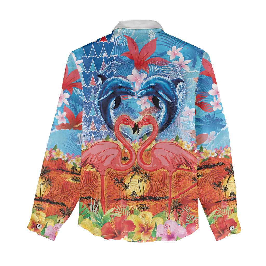 Hawaiian Love-Couple Dolphins and Flamingos Women Casual Shirt LT03 - Polynesian Pride