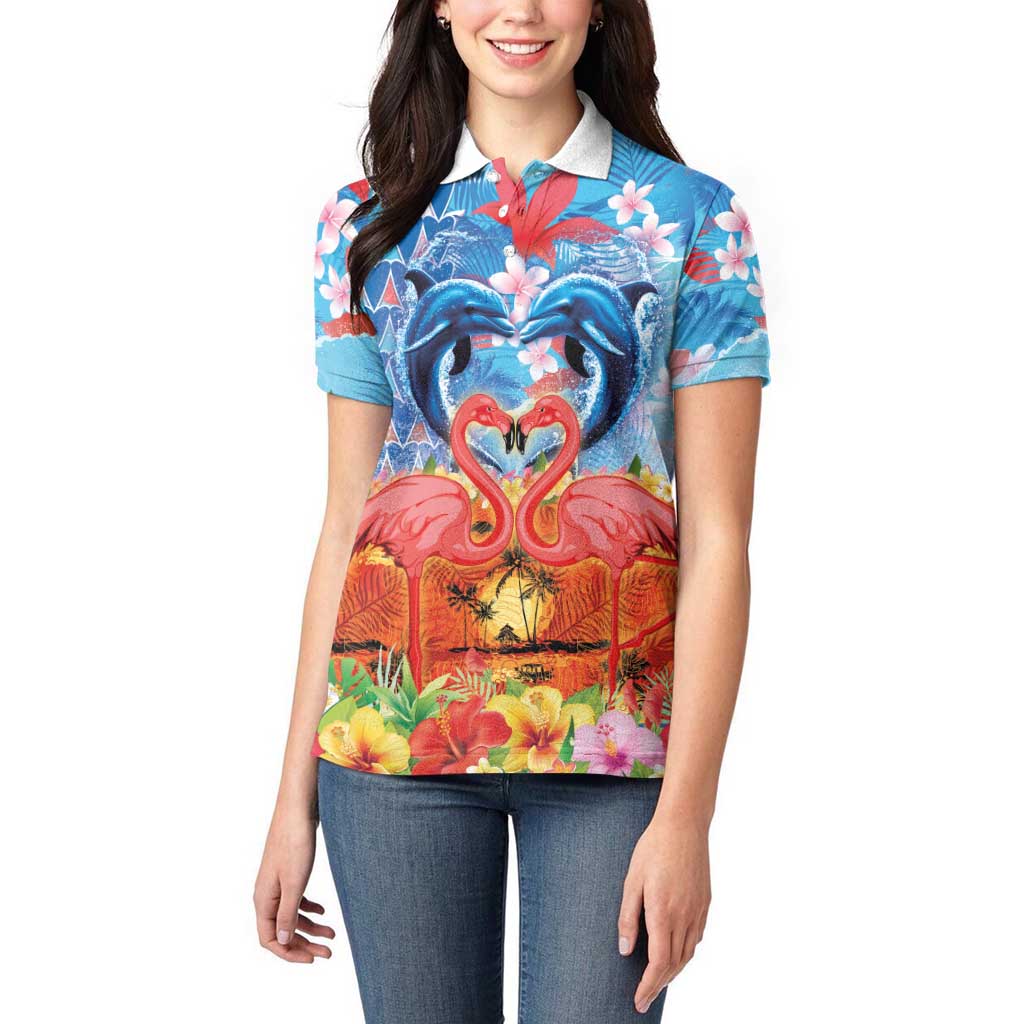 Hawaiian Love-Couple Dolphins and Flamingos Women Polo Shirt - Polynesian Pride