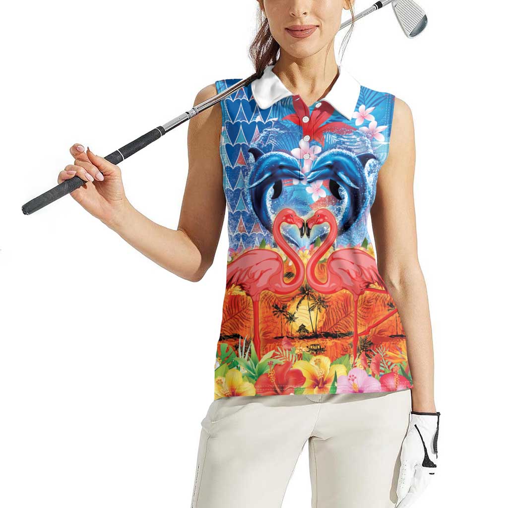 Hawaiian Love-Couple Dolphins and Flamingos Women Sleeveless Polo Shirt - Polynesian Pride
