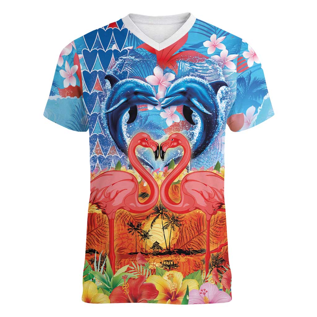 Hawaiian Love-Couple Dolphins and Flamingos Women V-Neck T-Shirt - Polynesian Pride