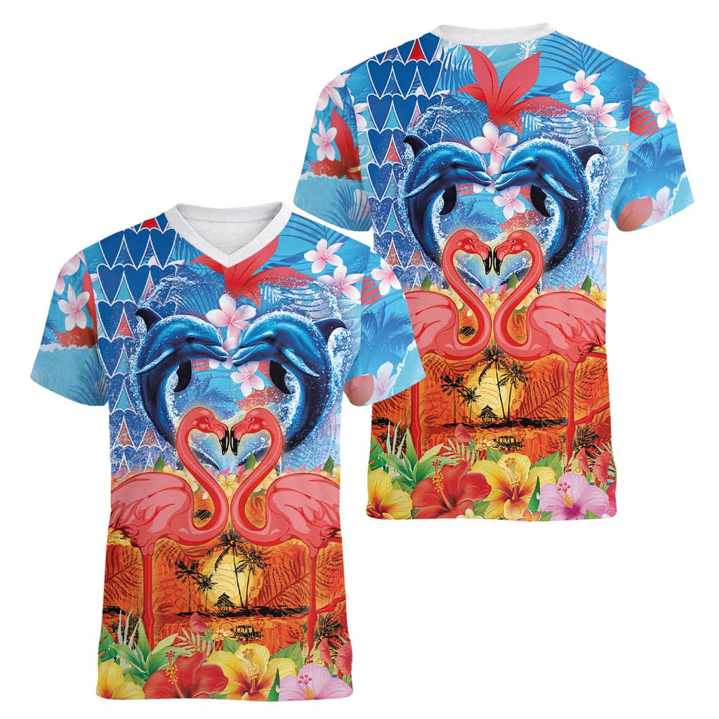Hawaiian Love-Couple Dolphins and Flamingos Women V-Neck T-Shirt - Polynesian Pride