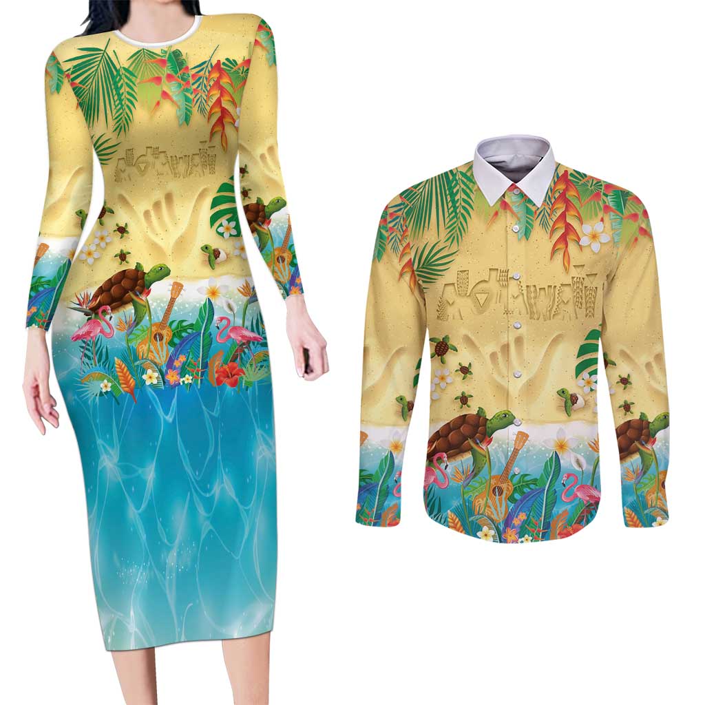 Hawaiian Alohawaii Couples Matching Long Sleeve Bodycon Dress and Long Sleeve Button Shirt Tropical Plants and Animals on The Beach LT03 Multicolor - Polynesian Pride