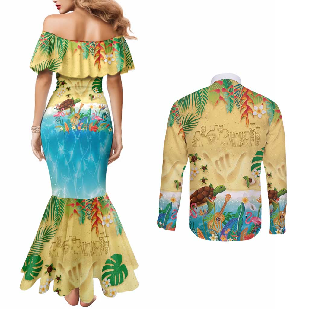 Hawaiian Alohawaii Couples Matching Mermaid Dress and Long Sleeve Button Shirt Tropical Plants and Animals on The Beach LT03 - Polynesian Pride
