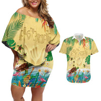 Hawaiian Alohawaii Couples Matching Off Shoulder Short Dress and Hawaiian Shirt Tropical Plants and Animals on The Beach LT03 Multicolor - Polynesian Pride