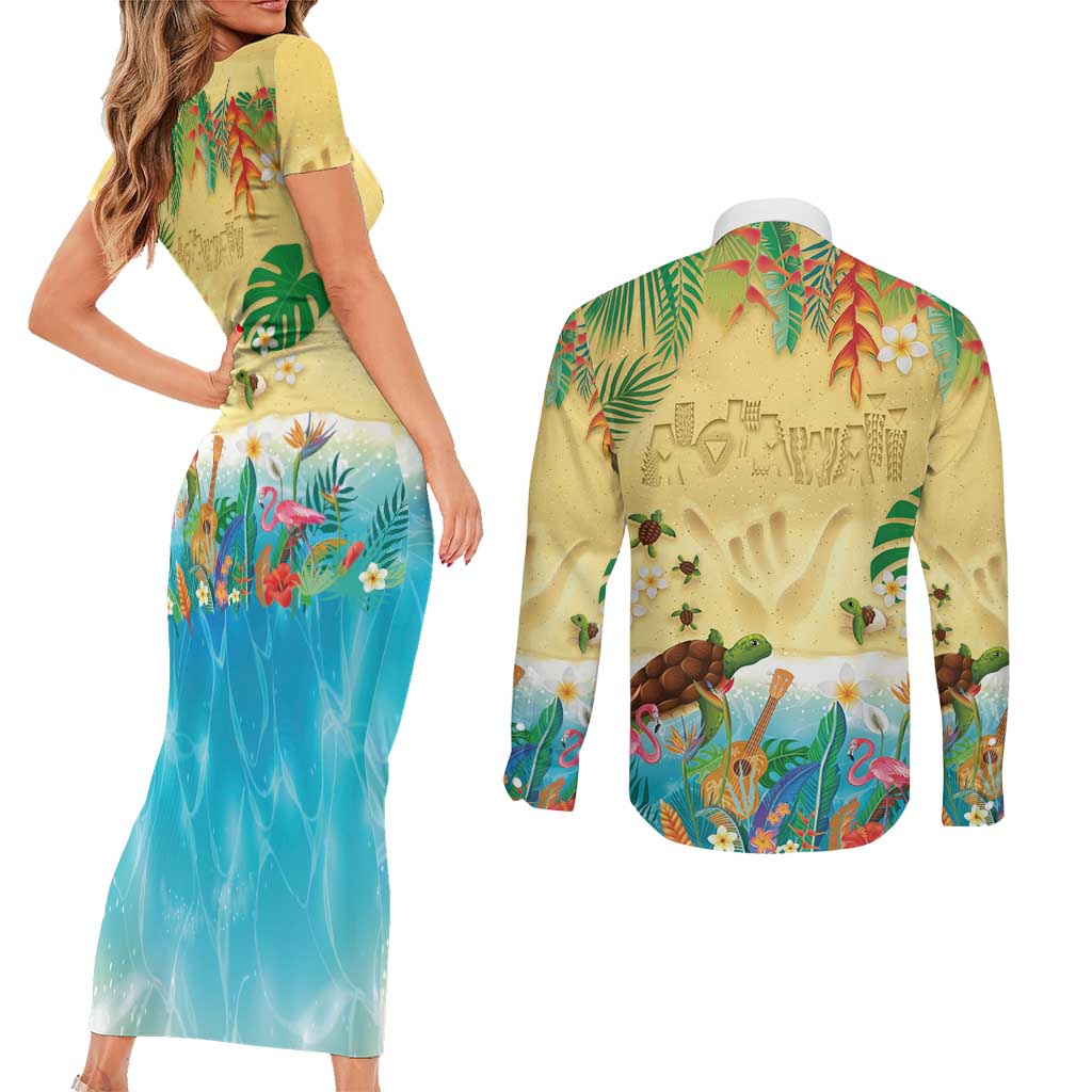 Hawaiian Alohawaii Couples Matching Short Sleeve Bodycon Dress and Long Sleeve Button Shirt Tropical Plants and Animals on The Beach LT03 - Polynesian Pride