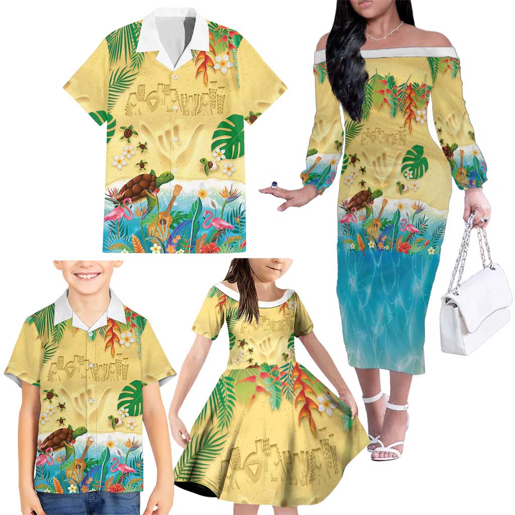 Hawaiian Alohawaii Family Matching Off The Shoulder Long Sleeve Dress and Hawaiian Shirt Tropical Plants and Animals on The Beach LT03 - Polynesian Pride