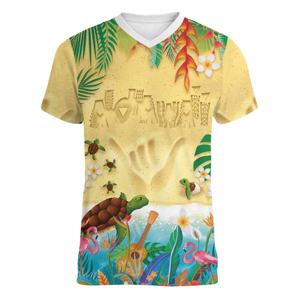 Hawaiian Alohawaii Women V-Neck T-Shirt Tropical Plants and Animals on The Beach - Polynesian Pride