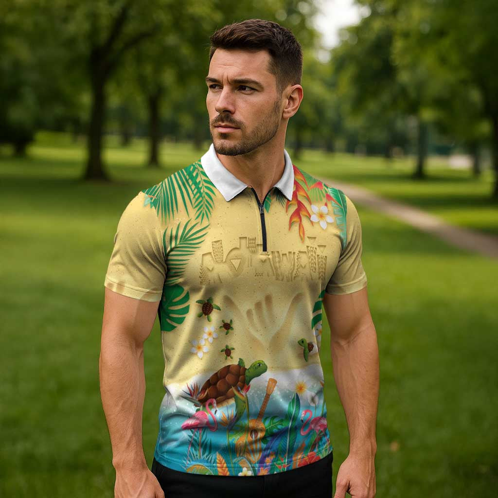 Hawaiian Alohawaii Zipper Polo Shirt Tropical Plants and Animals on The Beach - Polynesian Pride