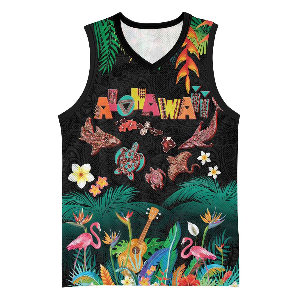 Hawaiian Alohawaii Basketball Jersey Tribal Sea Animals Tattoo and Tropical Plants LT03 Unisex Black - Polynesian Pride