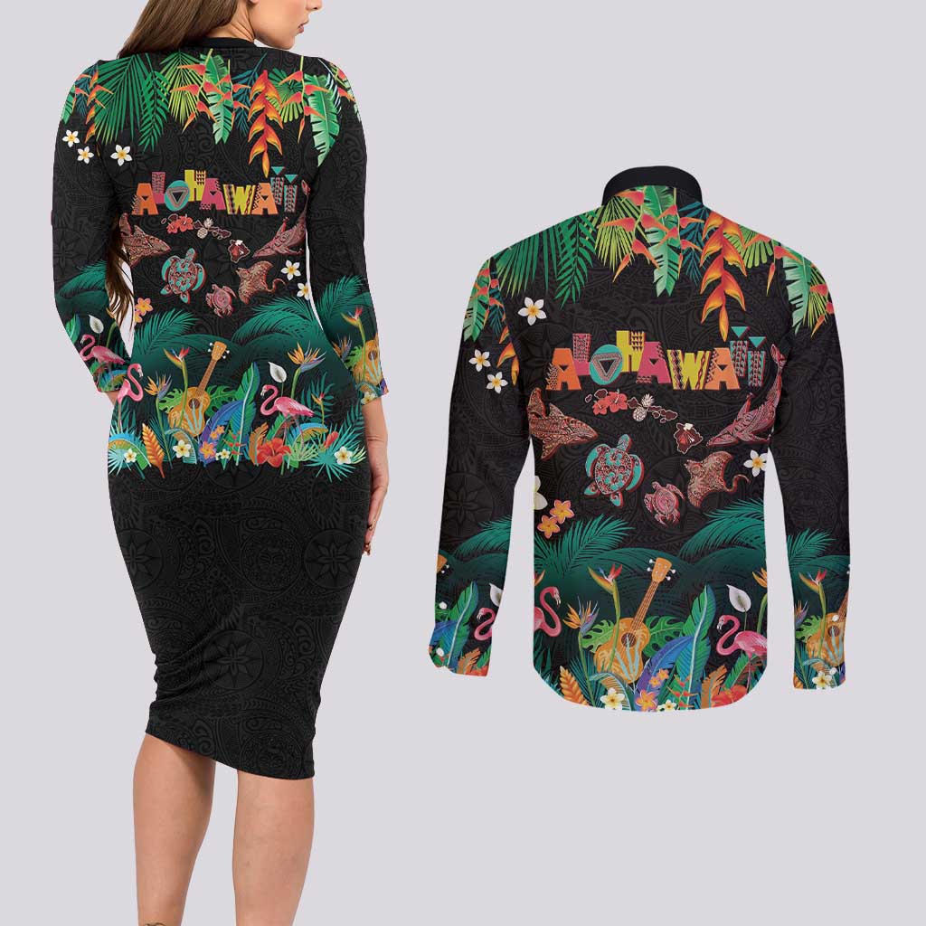 Hawaiian Alohawaii Couples Matching Long Sleeve Bodycon Dress and Long Sleeve Button Shirt Tribal Sea Animals Tattoo and Tropical Plants LT03 - Polynesian Pride