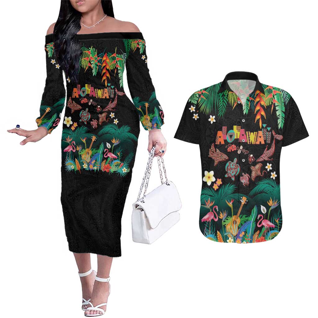 Hawaiian Alohawaii Couples Matching Off The Shoulder Long Sleeve Dress and Hawaiian Shirt Tribal Sea Animals Tattoo and Tropical Plants LT03 Black - Polynesian Pride