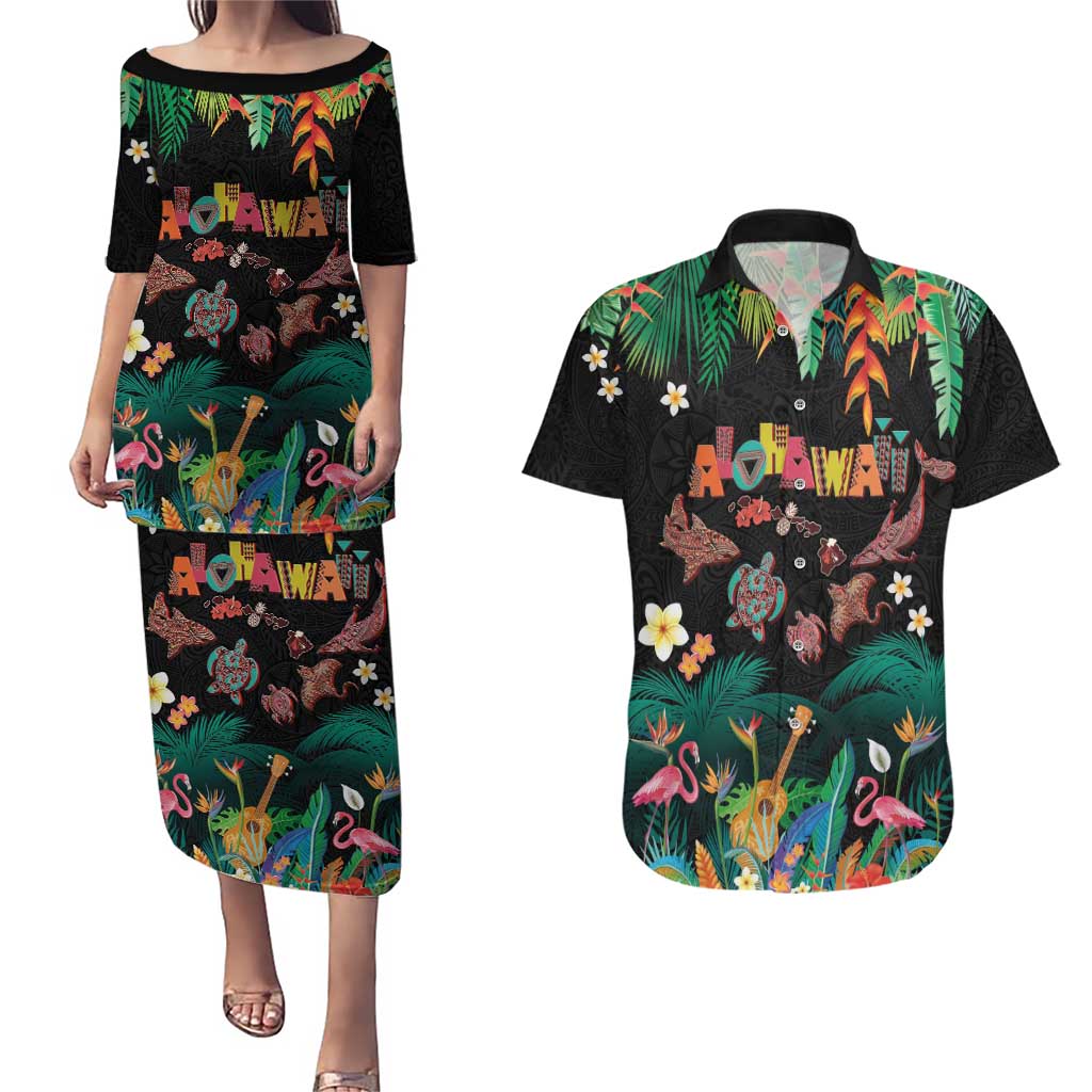 Hawaiian Alohawaii Couples Matching Puletasi and Hawaiian Shirt Tribal Sea Animals Tattoo and Tropical Plants - Polynesian Pride