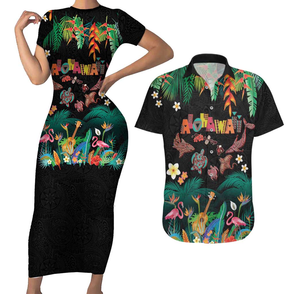Hawaiian Alohawaii Couples Matching Short Sleeve Bodycon Dress and Hawaiian Shirt Tribal Sea Animals Tattoo and Tropical Plants LT03 Black - Polynesian Pride