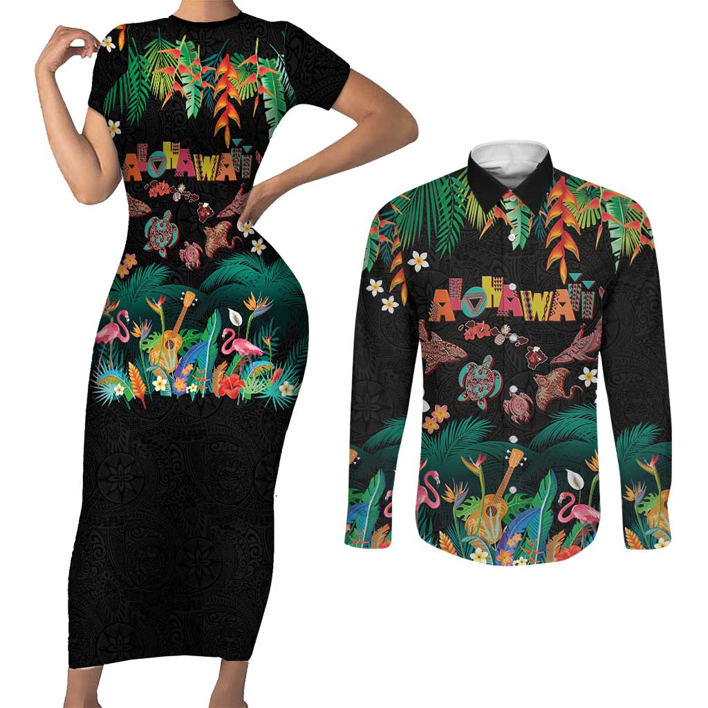 Hawaiian Alohawaii Couples Matching Short Sleeve Bodycon Dress and Long Sleeve Button Shirt Tribal Sea Animals Tattoo and Tropical Plants LT03 Black - Polynesian Pride