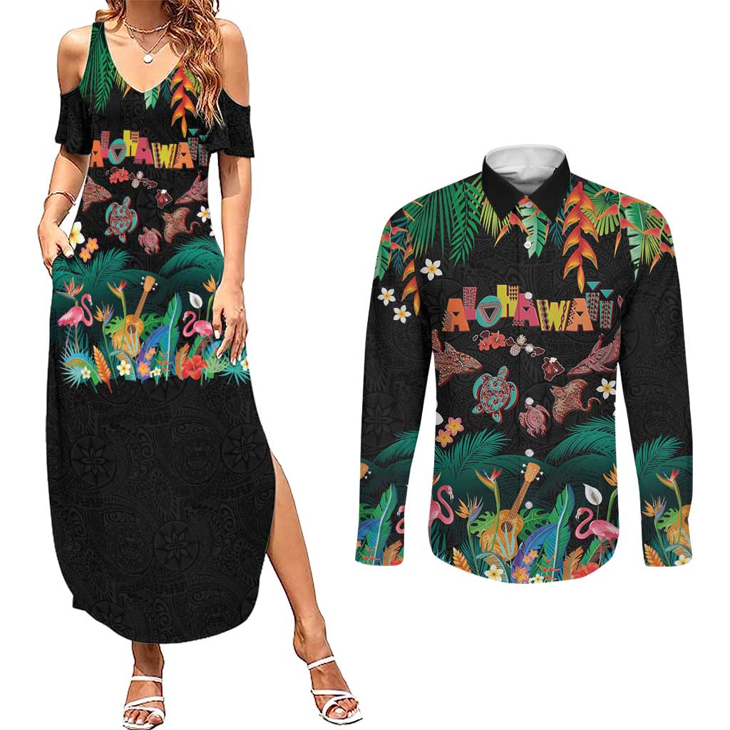 Hawaiian Alohawaii Couples Matching Summer Maxi Dress and Long Sleeve Button Shirt Tribal Sea Animals Tattoo and Tropical Plants LT03 Black - Polynesian Pride