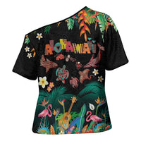 Hawaiian Alohawaii Cross Shoulder Shirt Tribal Sea Animals Tattoo and Tropical Plants - Polynesian Pride