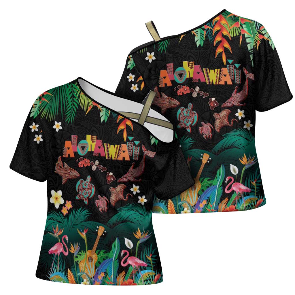 Hawaiian Alohawaii Cross Shoulder Shirt Tribal Sea Animals Tattoo and Tropical Plants - Polynesian Pride