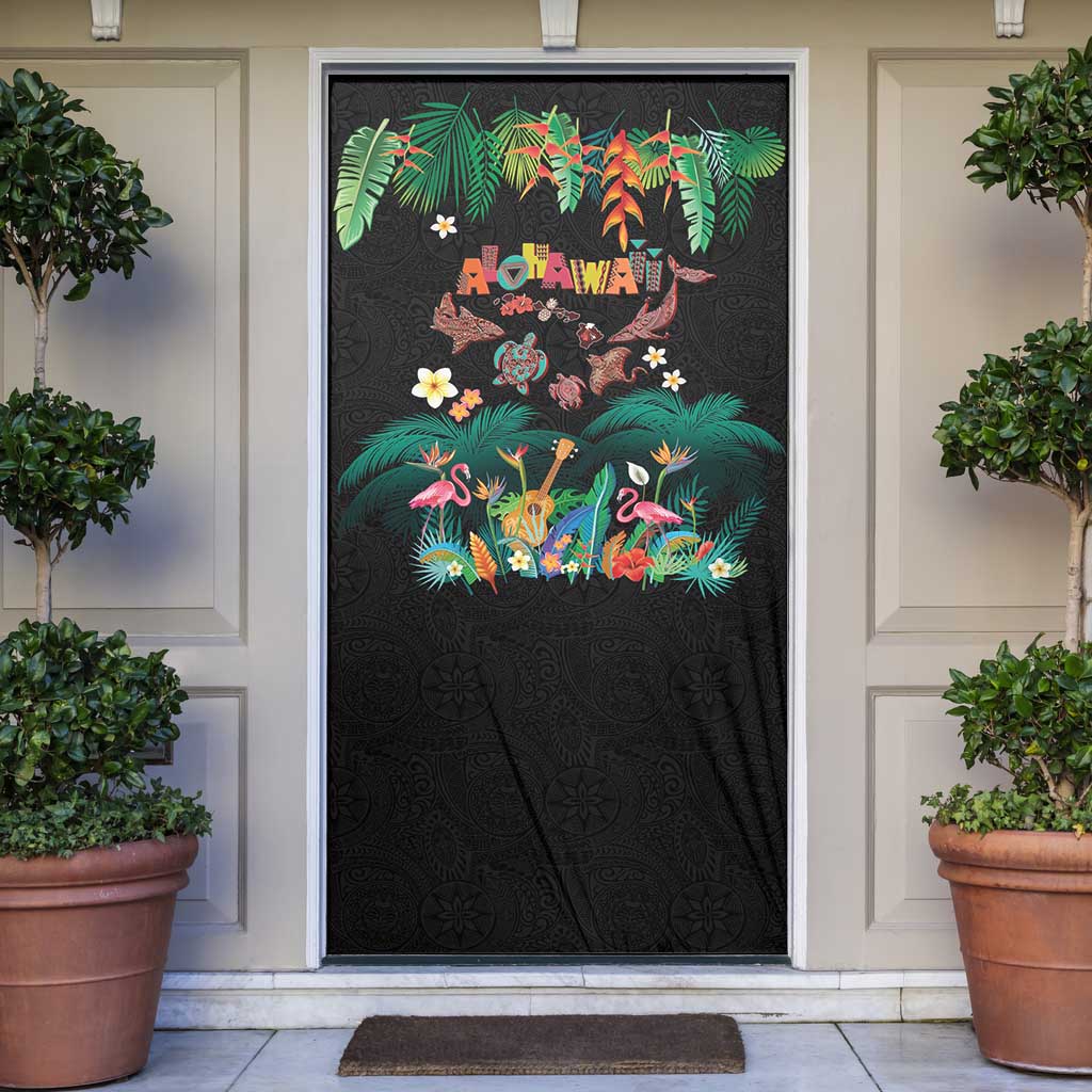 Hawaiian Alohawaii Door Cover Tribal Sea Animals Tattoo and Tropical Plants LT03 Black - Polynesian Pride