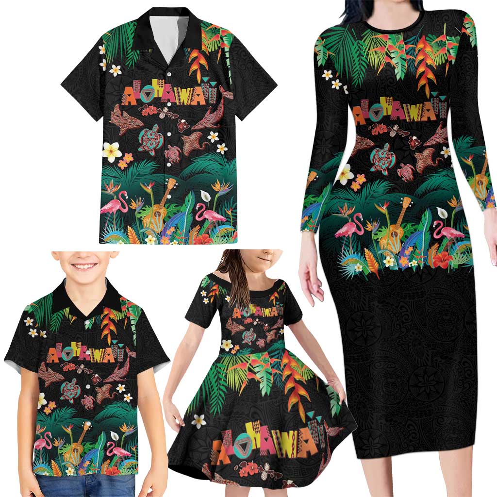 Hawaiian Alohawaii Family Matching Long Sleeve Bodycon Dress and Hawaiian Shirt Tribal Sea Animals Tattoo and Tropical Plants - Polynesian Pride