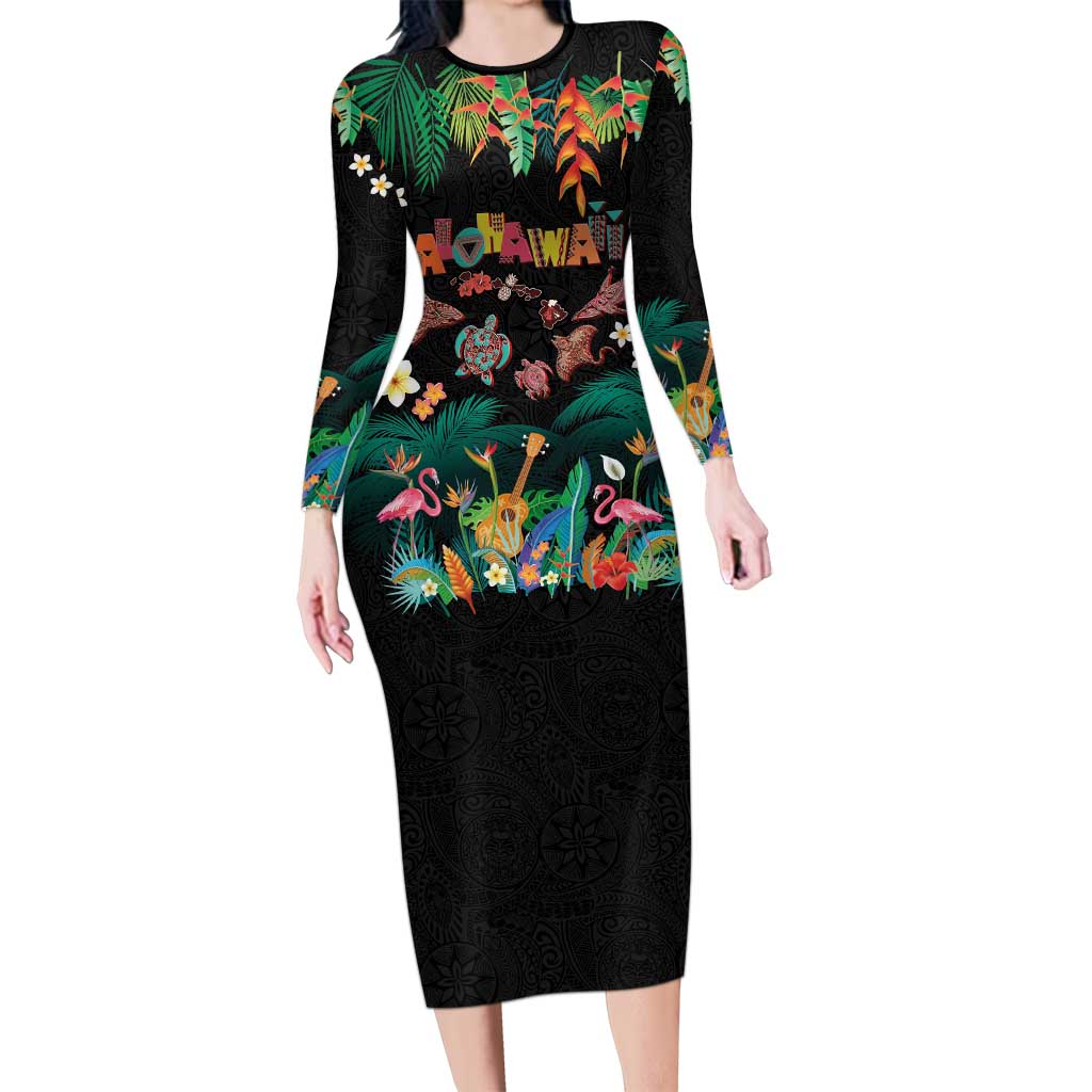 Hawaiian Alohawaii Family Matching Long Sleeve Bodycon Dress and Hawaiian Shirt Tribal Sea Animals Tattoo and Tropical Plants LT03 Mom's Dress Black - Polynesian Pride