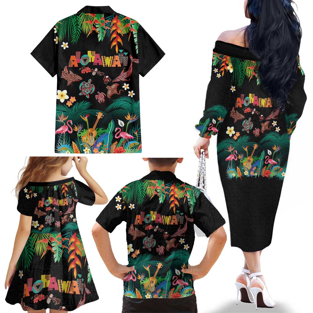 Hawaiian Alohawaii Family Matching Off The Shoulder Long Sleeve Dress and Hawaiian Shirt Tribal Sea Animals Tattoo and Tropical Plants LT03 - Polynesian Pride
