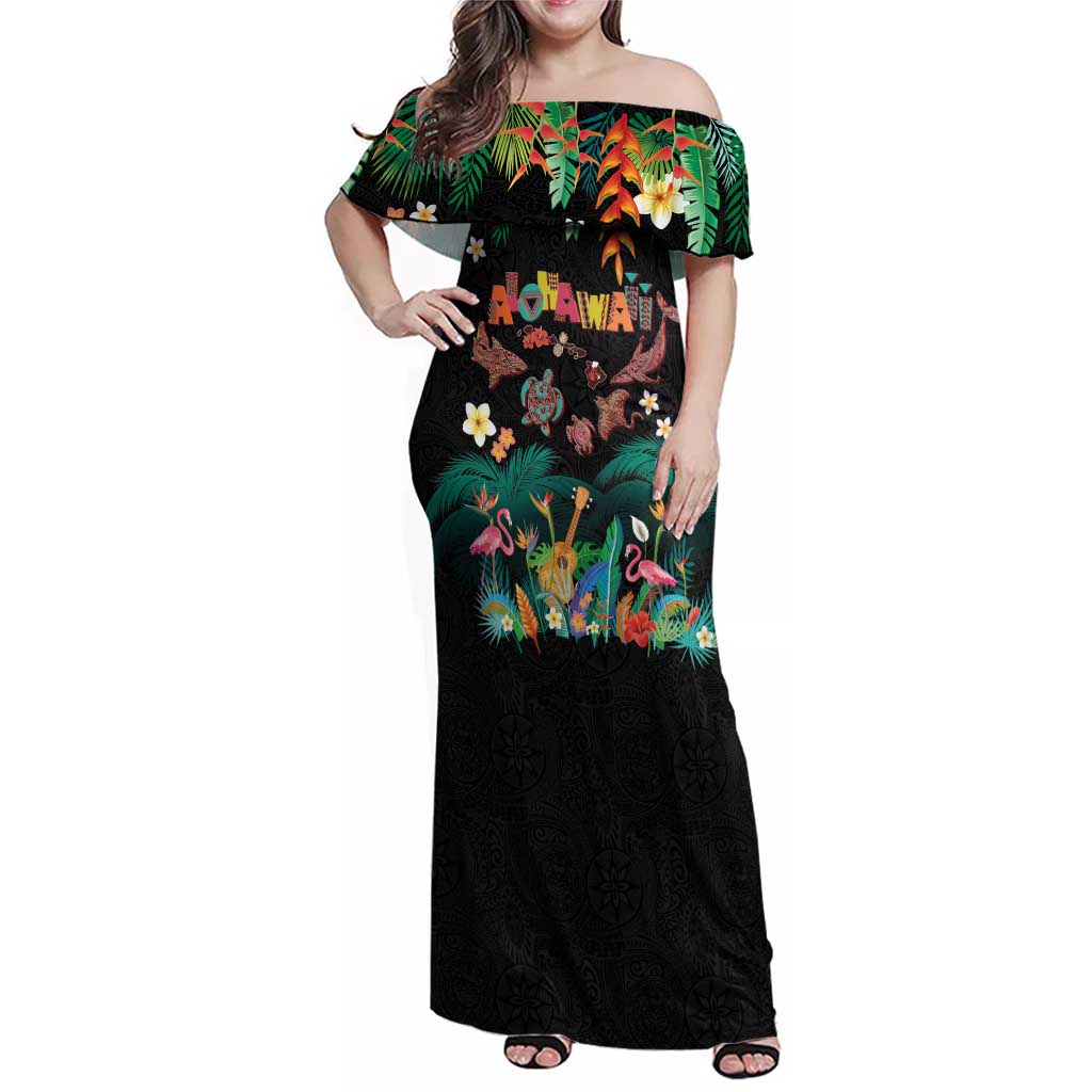 Hawaiian Alohawaii Family Matching Off Shoulder Maxi Dress and Hawaiian Shirt Tribal Sea Animals Tattoo and Tropical Plants LT03 Mom's Dress Black - Polynesian Pride
