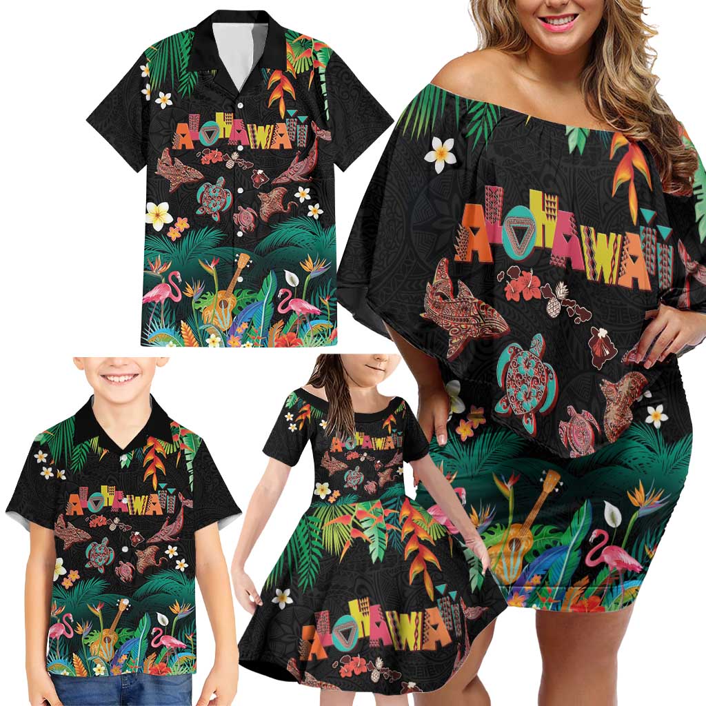 Hawaiian Alohawaii Family Matching Off Shoulder Short Dress and Hawaiian Shirt Tribal Sea Animals Tattoo and Tropical Plants LT03 - Polynesian Pride
